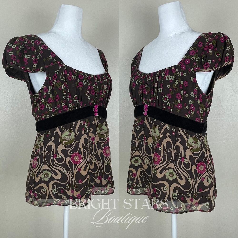 Rare Vintage Silk Floral Top ASO Rory Gilmore Girls Brown Pink Blouse Cap Sleeve - Picture 6 of 11